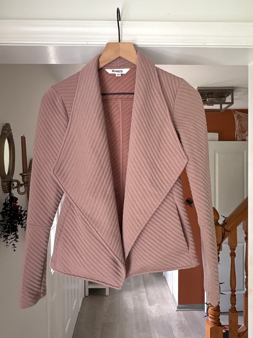 BB Dakota Ribbed Open Front Jacket XS Birch Mauve Draped Waterfall